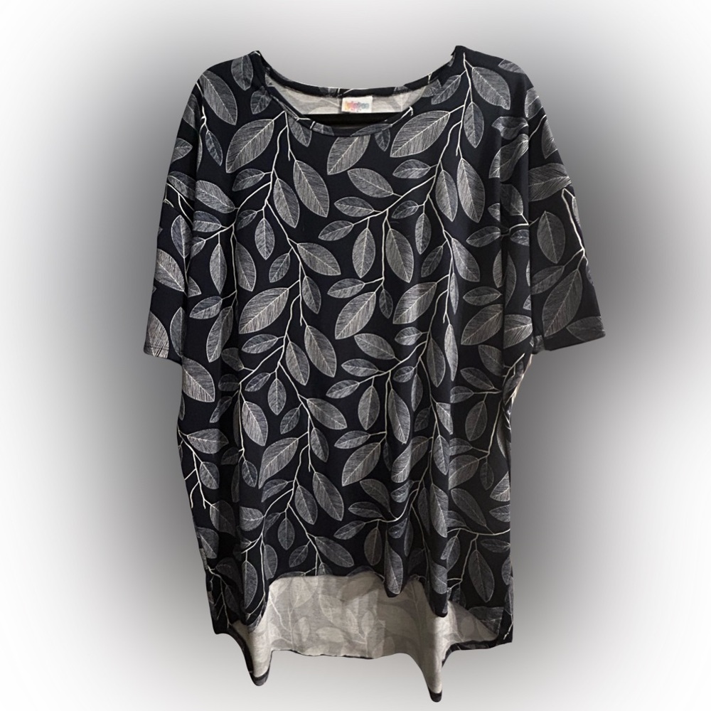 LuLaRoe Irma Tunic L Navy Blue White Leaf Print High Low Boho